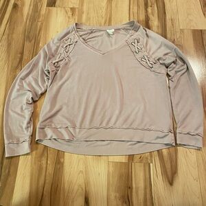 MUDD Light Pink V-Neck Long Sleeve Top with Lace-Up Details—S